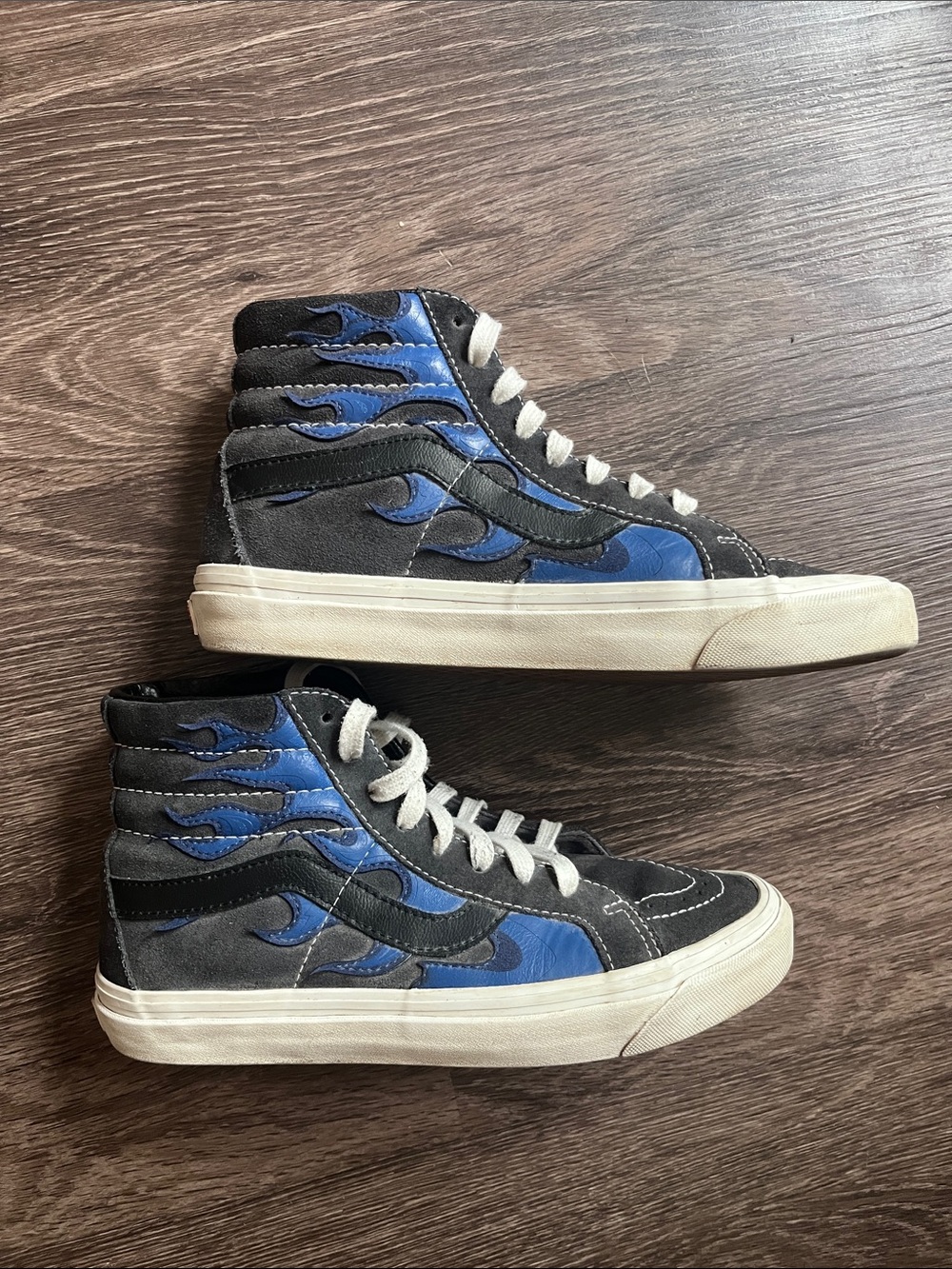 Vans Women's High-Top Sneakers in Black and Blue Flames with White Laces SK8-Hi